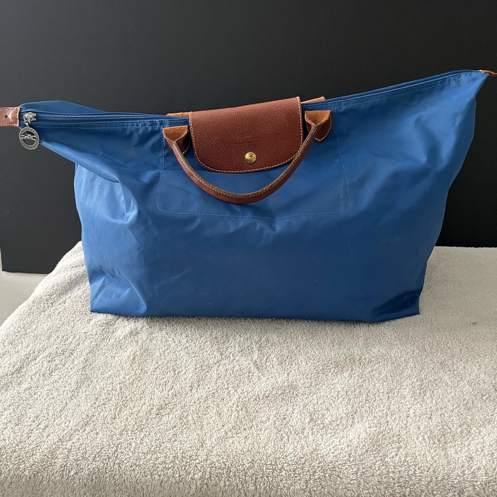 Blue Tote Bag with Brown Handles